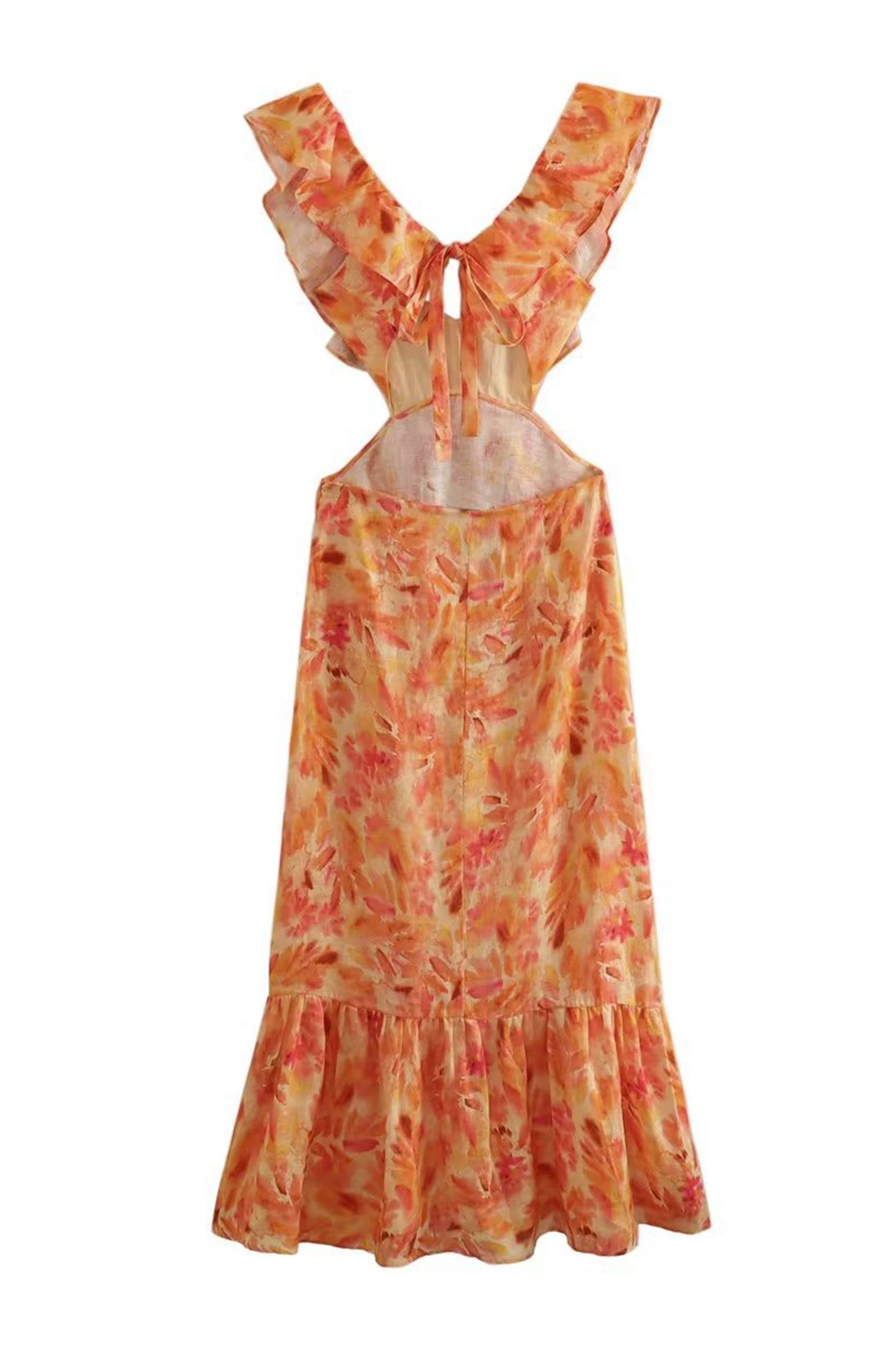 Floral Print Ruffle Cut Out Waist Fishtail Maxi Dress