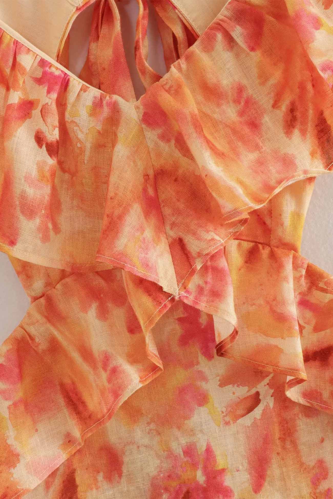 Floral Print Ruffle Cut Out Waist Fishtail Maxi Dress