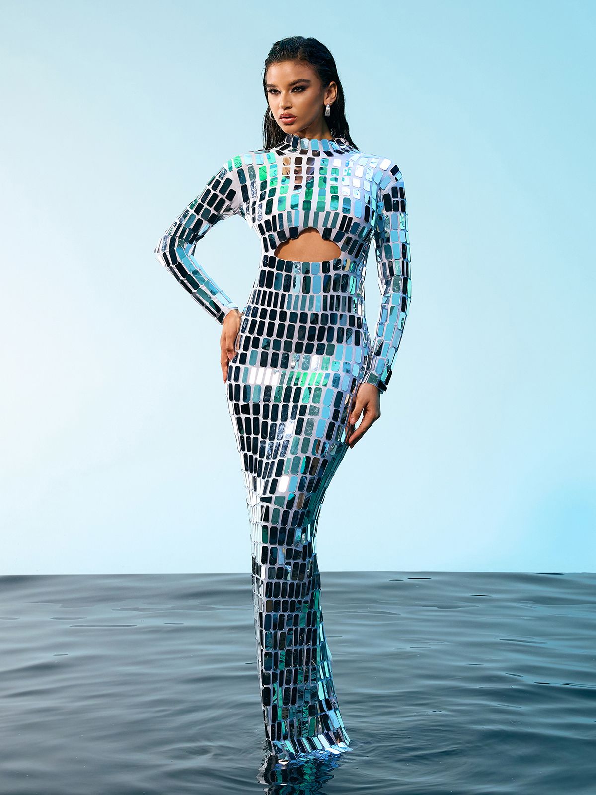 Mirror Tile Long Sleeve Mock Neck Cut Out Bodycon Maxi Dress