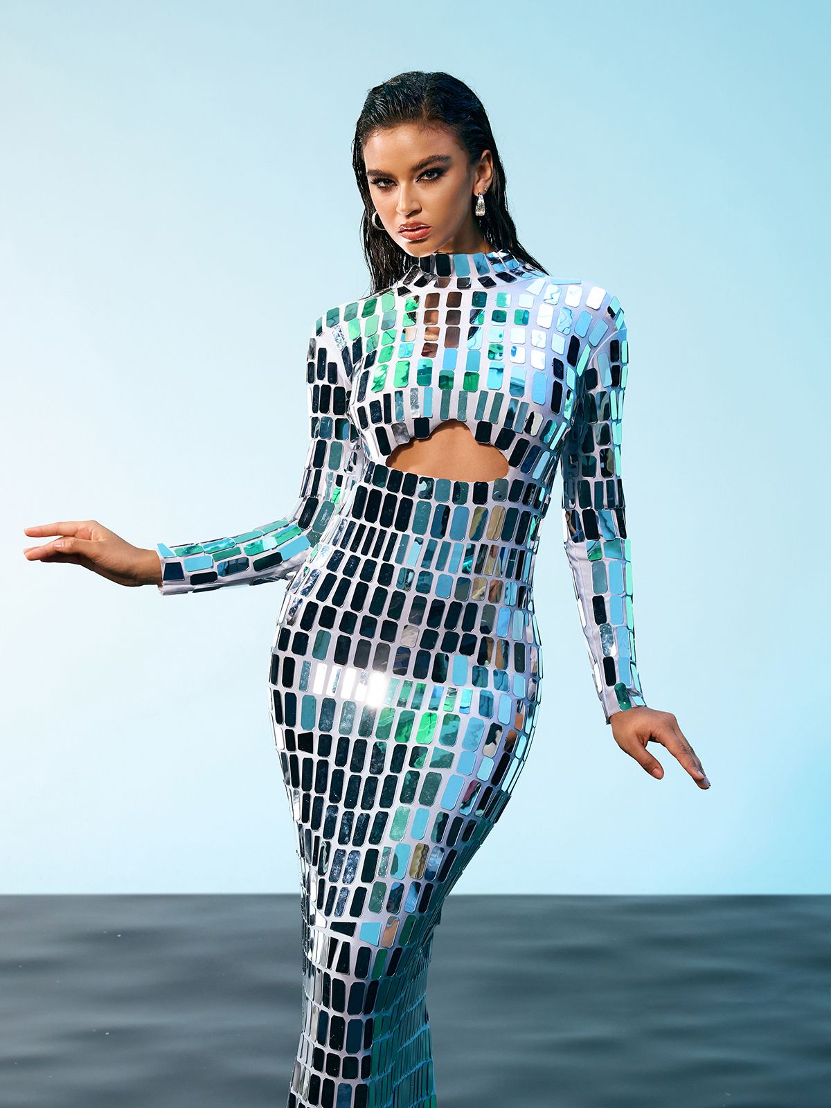 Mirror Tile Long Sleeve Mock Neck Cut Out Bodycon Maxi Dress