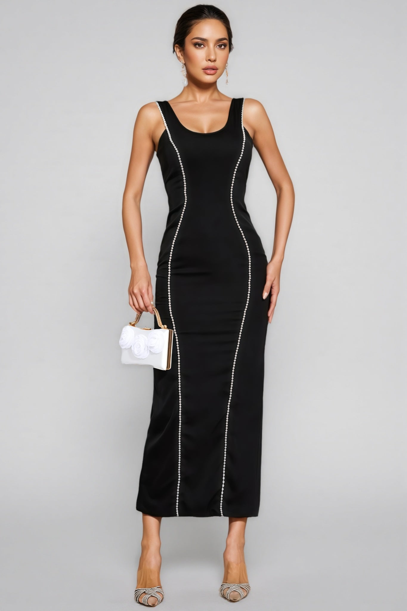 Pearl Trim Scoop Neck Sleeveless Bodycon Column Maxi Gown