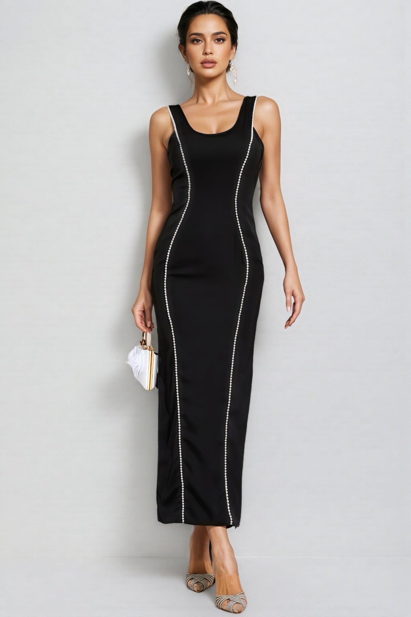 Pearl Trim Scoop Neck Sleeveless Bodycon Column Maxi Gown