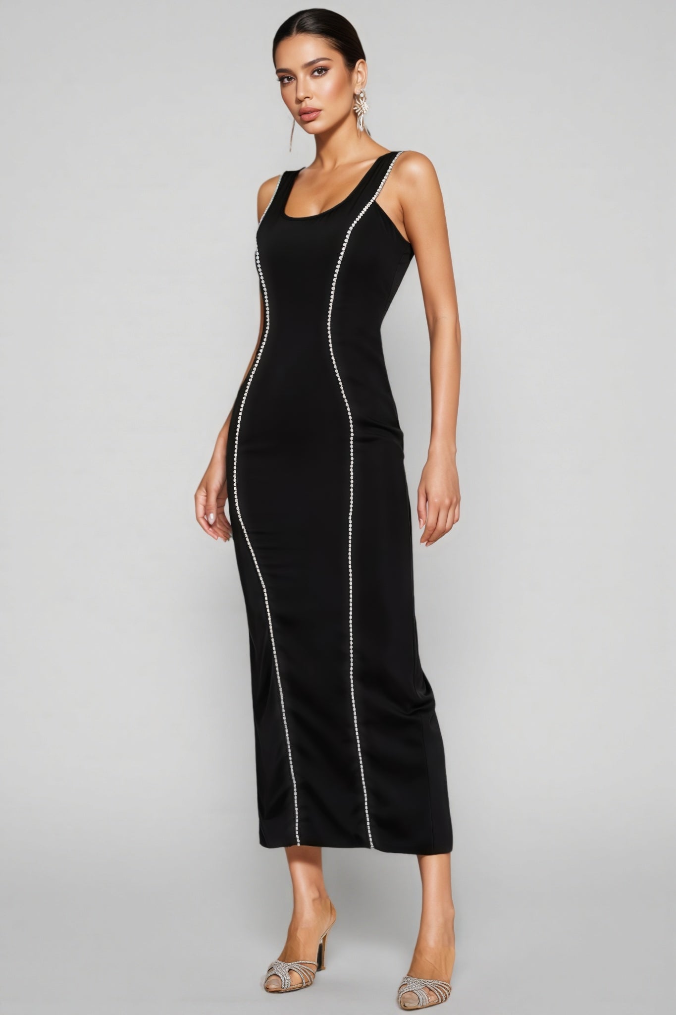 Pearl Trim Scoop Neck Sleeveless Bodycon Column Maxi Gown