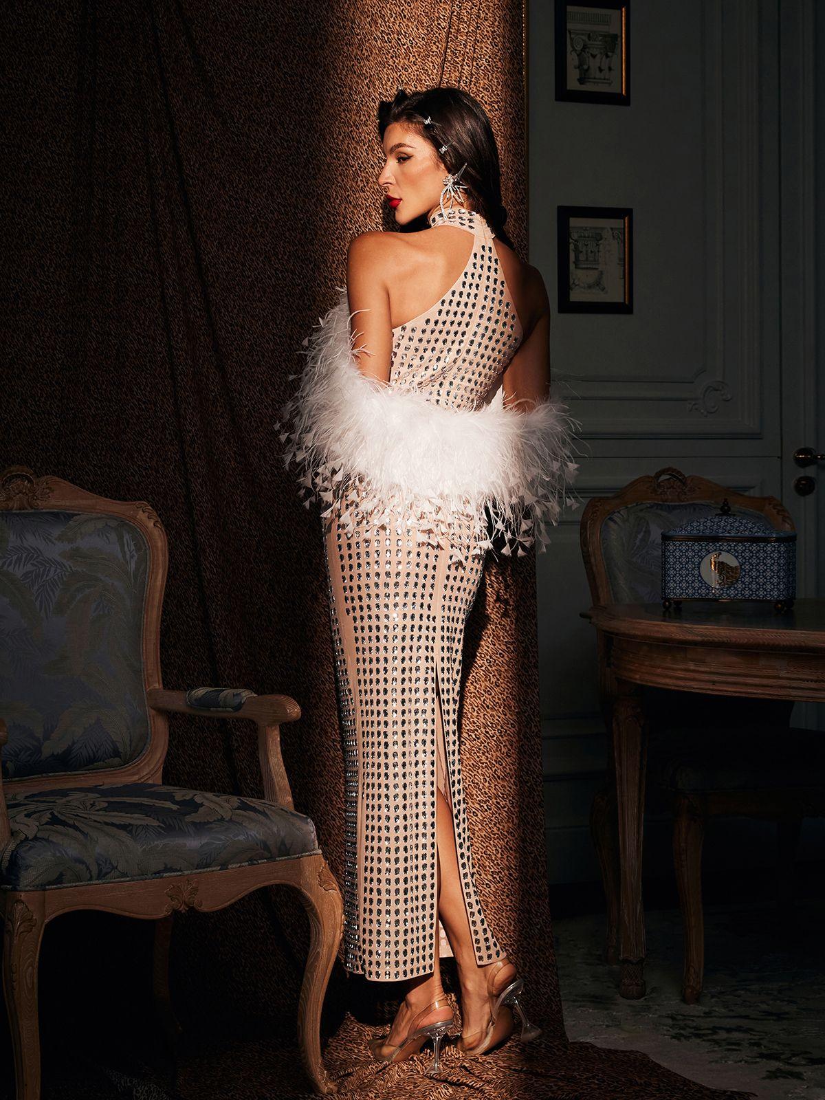 Halterneck Rhinestone Feather Maxi Dress - View 6