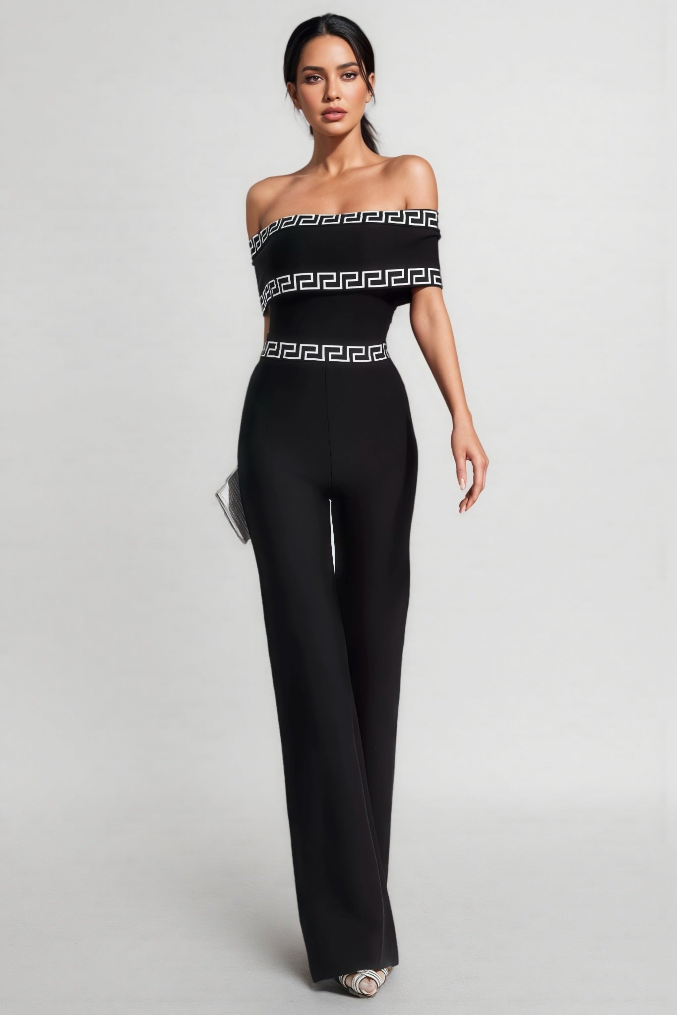 Off Shoulder Greek Key Print Straight Leg Jumpsuit