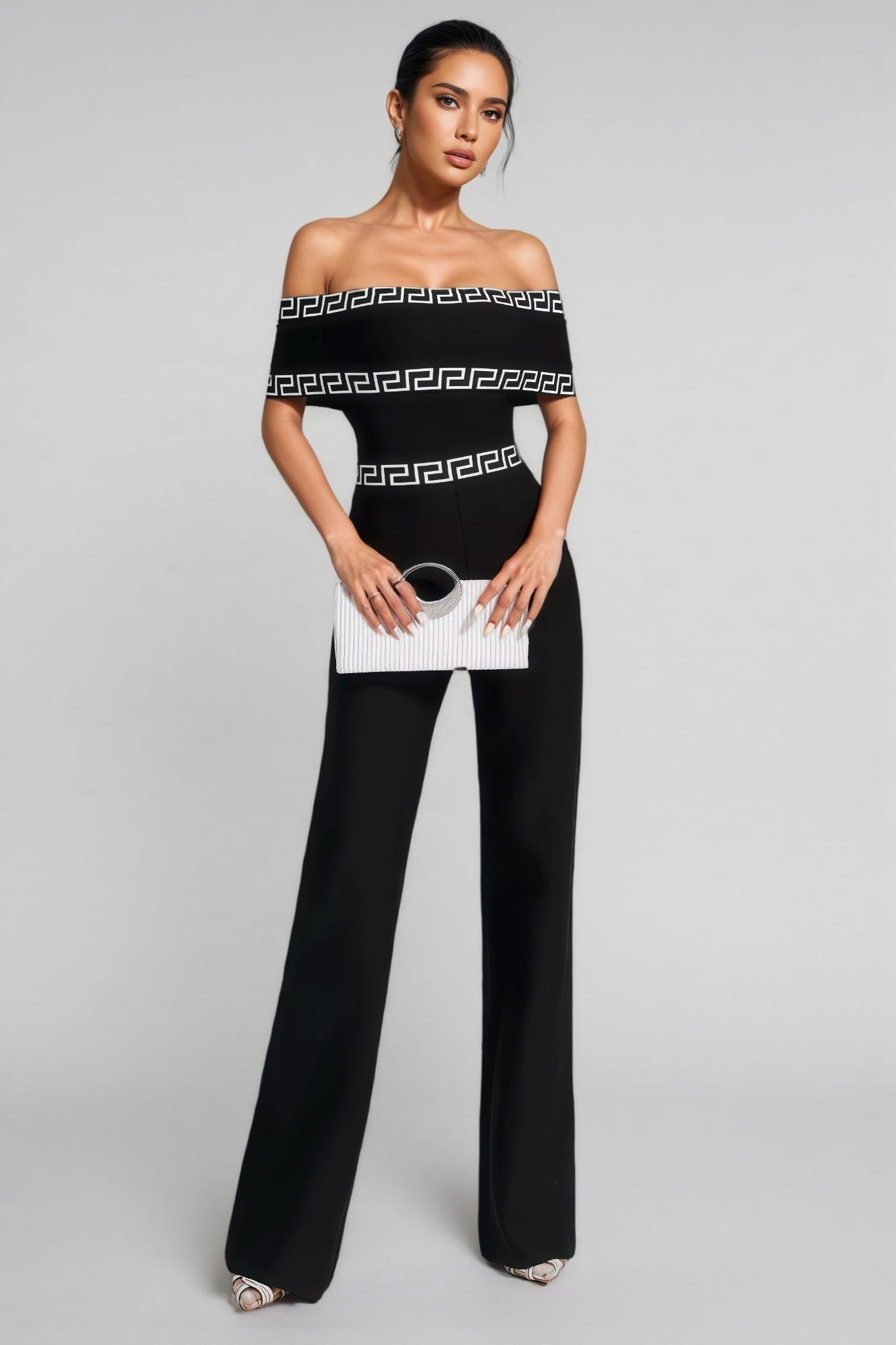 Off Shoulder Greek Key Print Straight Leg Jumpsuit