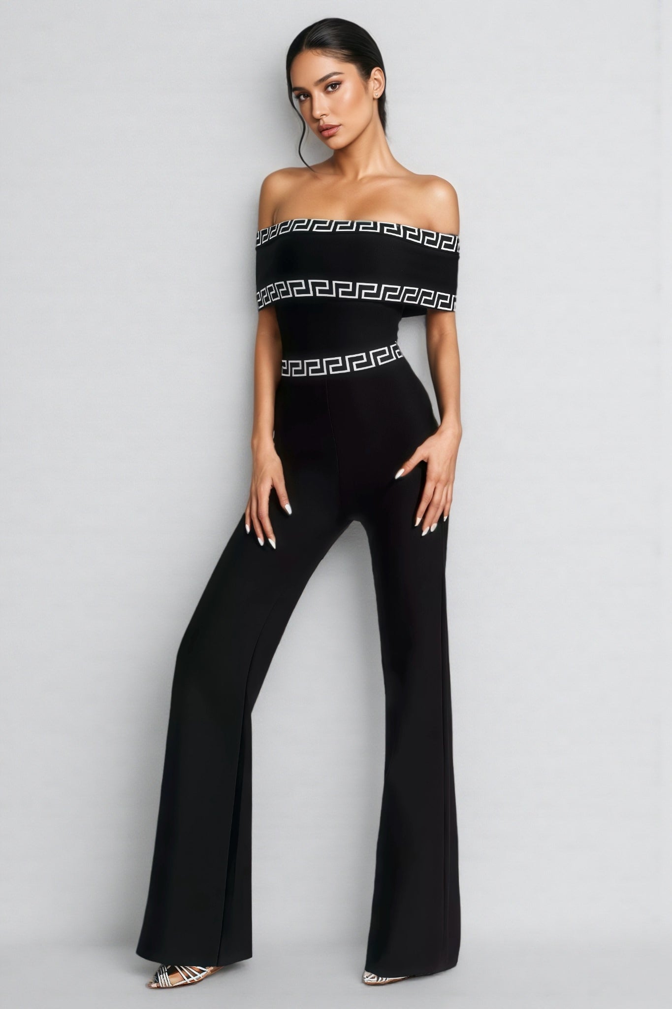 Off Shoulder Greek Key Print Straight Leg Jumpsuit