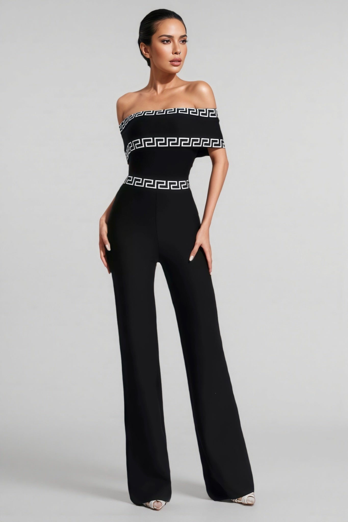 Off Shoulder Greek Key Print Straight Leg Jumpsuit