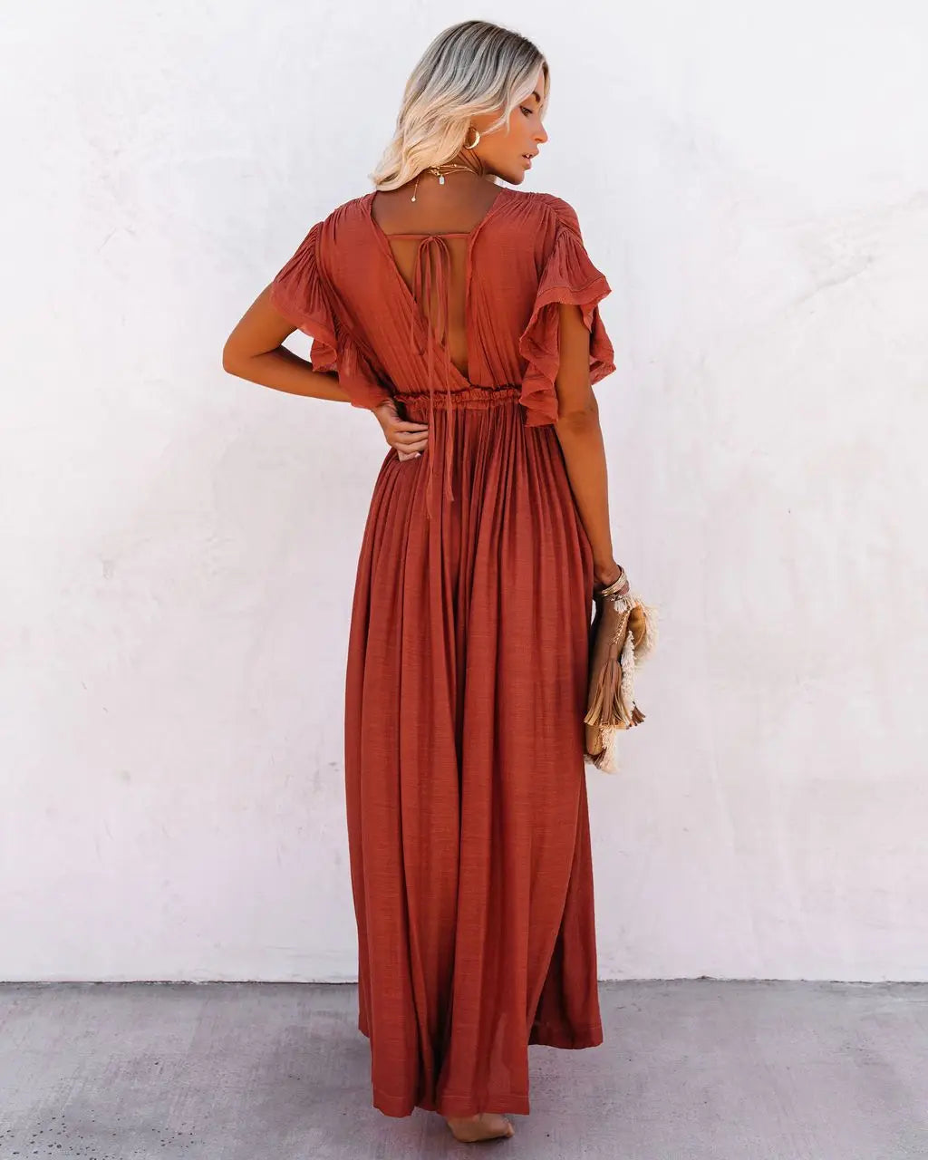 Deep V-Neck Flutter Sleeve Drawstring Button Front Maxi Dress