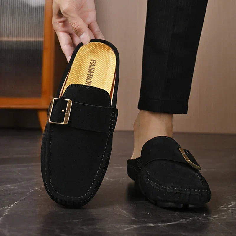 Suede-Look Buckle Backless Loafer Mules