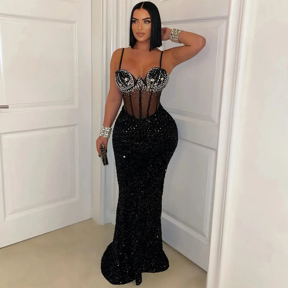 Mesh Velvet Diamonds Strap Maxi Dress - View 2