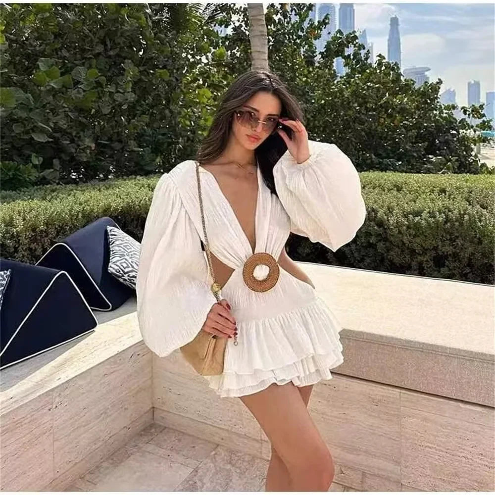Slim Fit Solid Color VNeck Waistband Work Dress