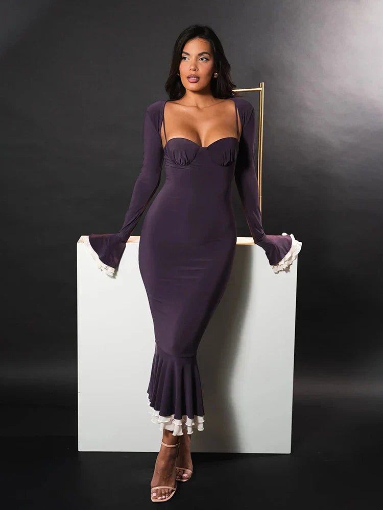 Sweetheart Spaghetti Strap Ruffle Trim Mermaid Midi Dress Two-Piece Set