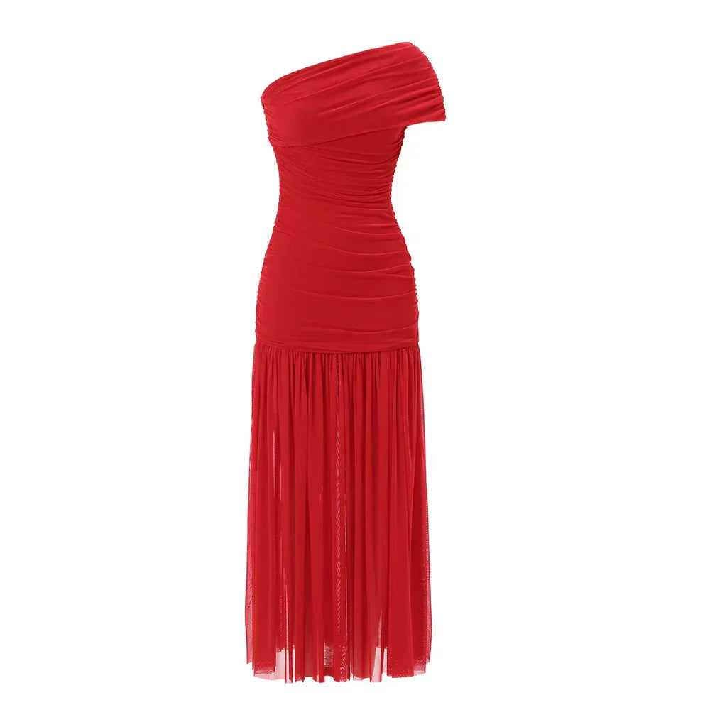 One Shoulder Mesh Solid Maxi Dress