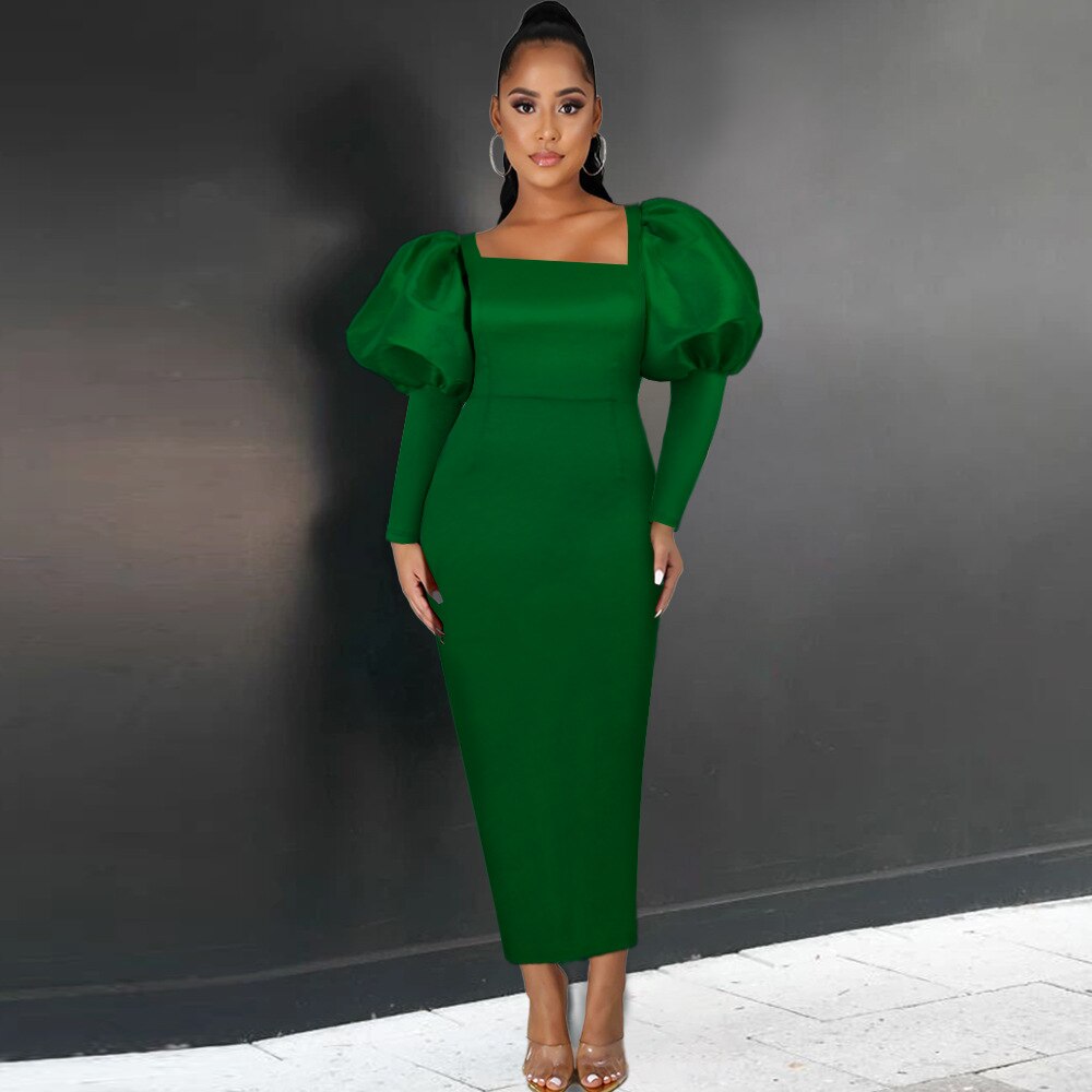 Satin Square Neck Puff Sleeve Bodycon Maxi Dress