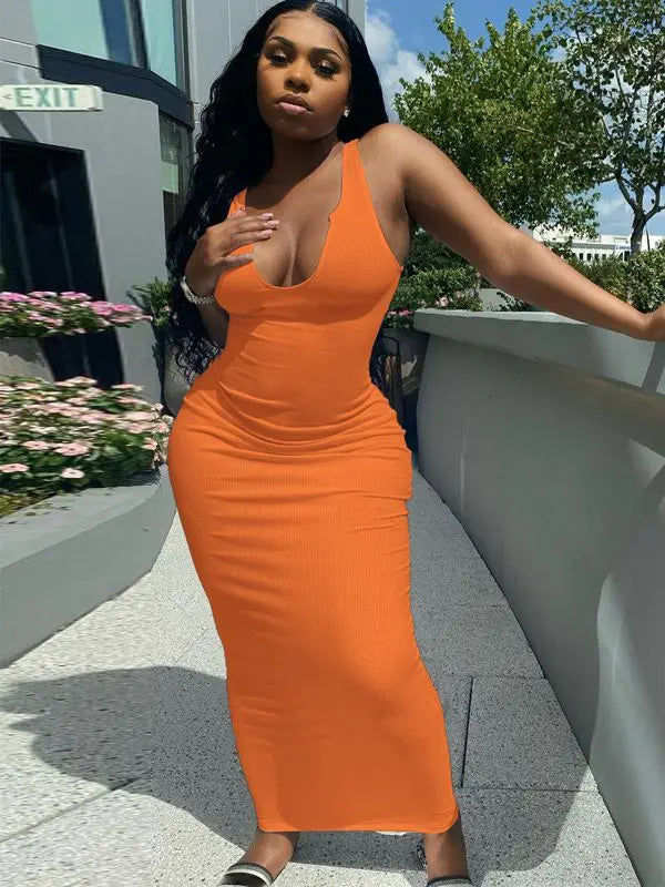 Ribbed Stripe Sleeveless Vneck Midi Dress