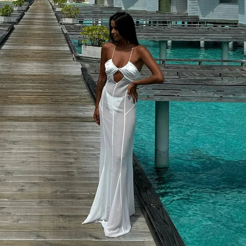 Mesh White Spaghetti Strap Hollow Out Dress