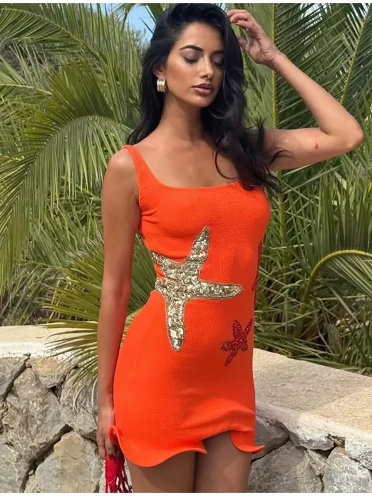 Sequin Starfish Square Neck Sleeveless Bodycon Mini Dress