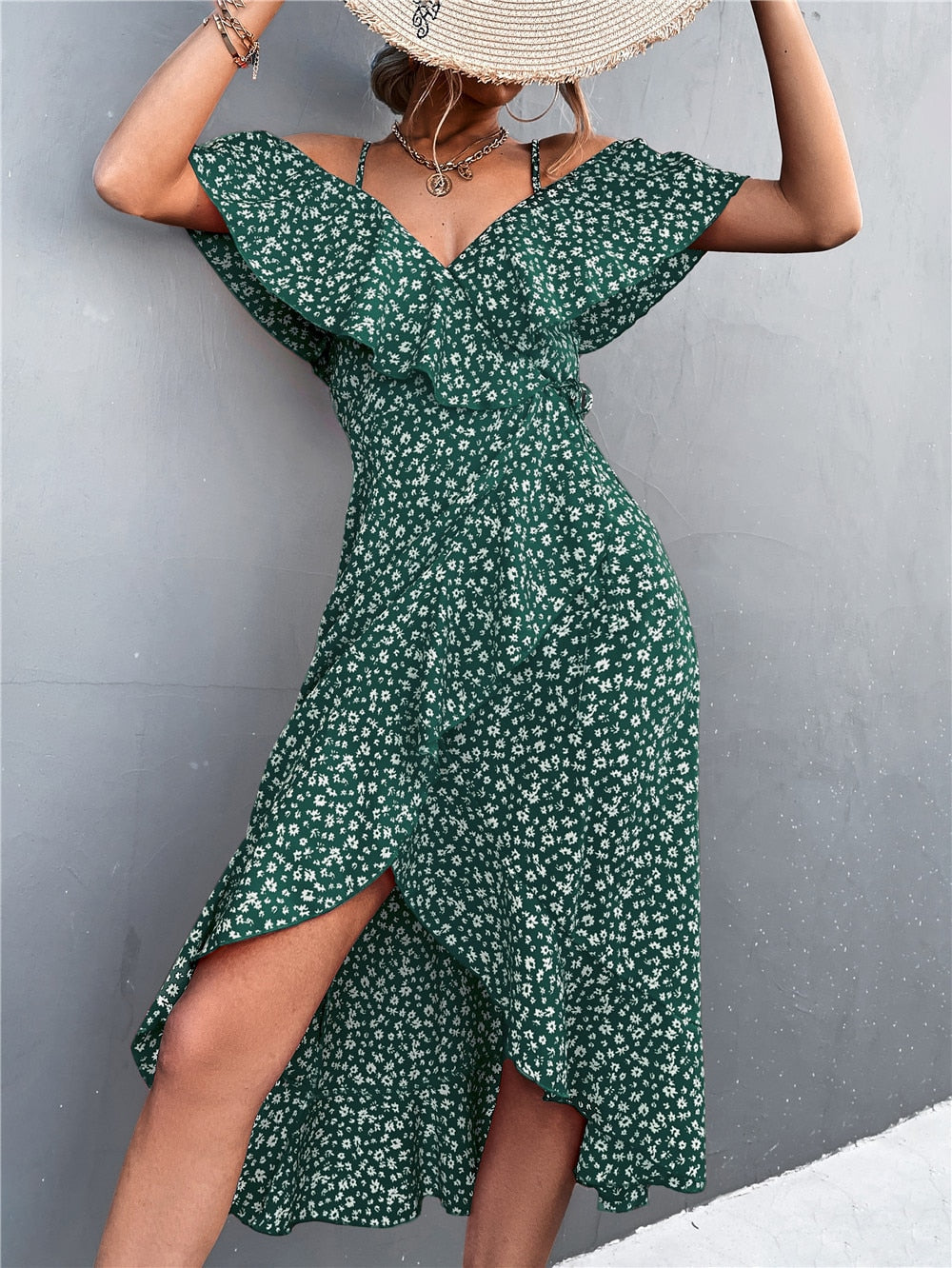 Cold Shoulder Ruffle Trim Wrap Tie Waist High Split Midi Dress