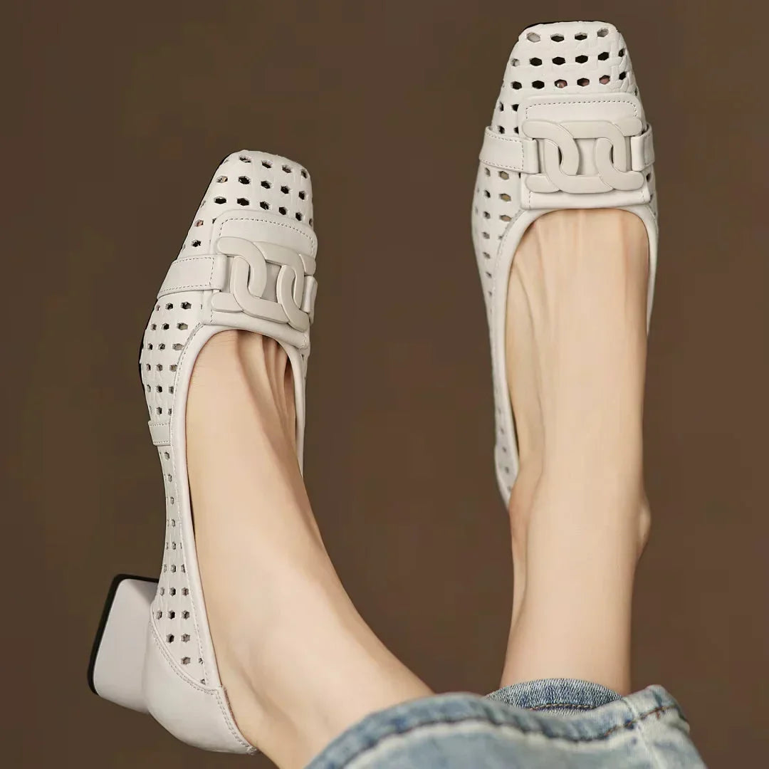 Square Toe Cutout Chain Buckle Ballet Flats