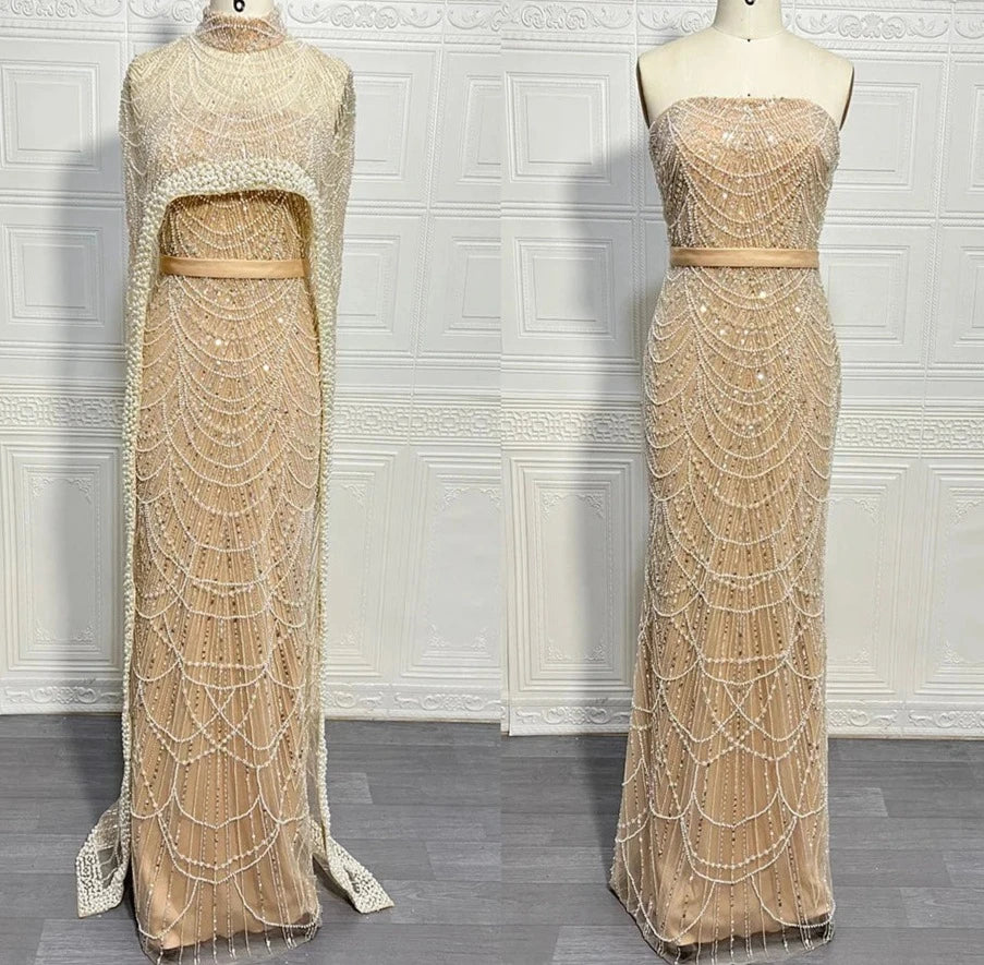 Beaded High Neck Cape Sleeve Sheer Mermaid Gown