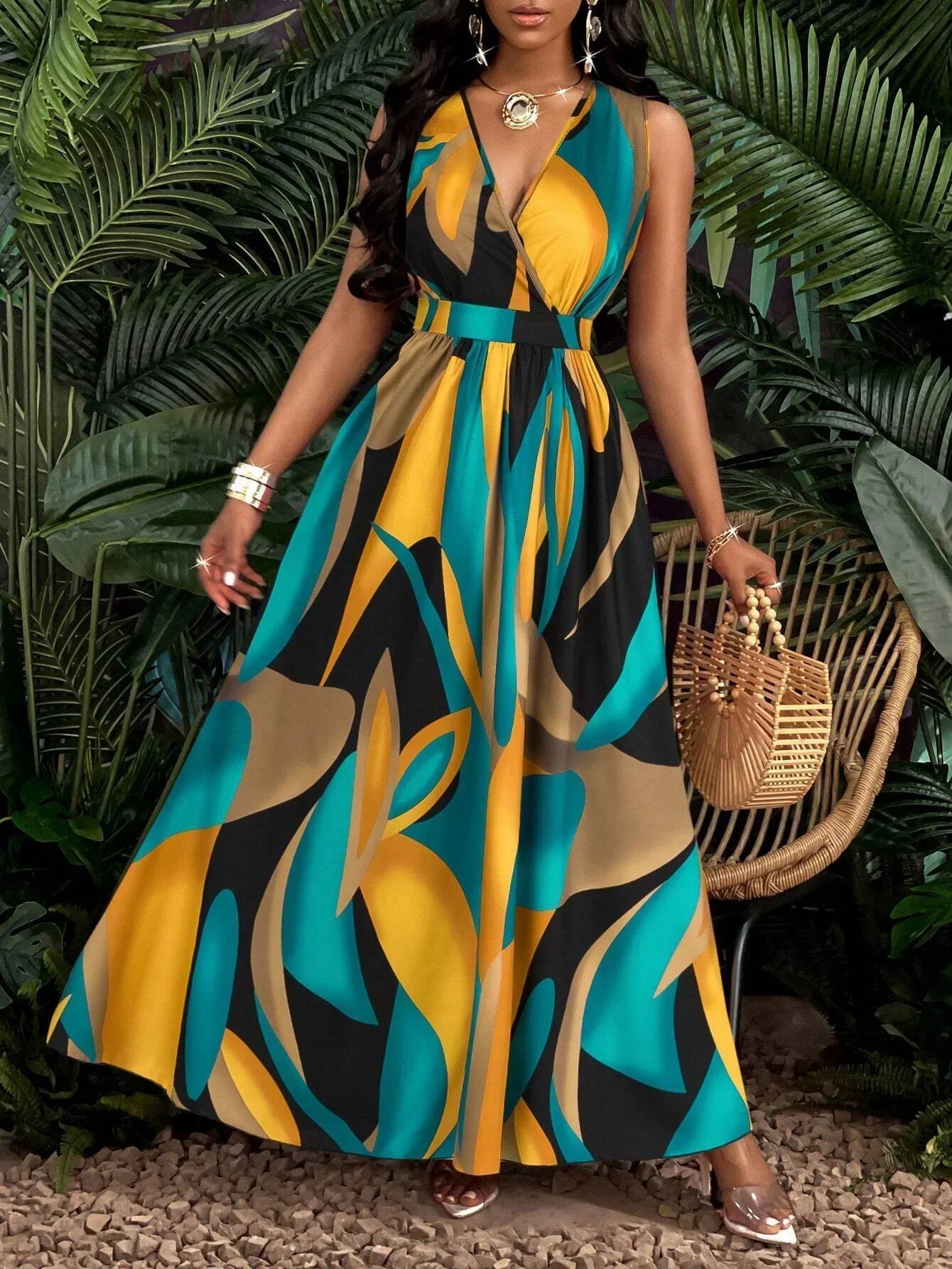 V-Neck Sleeveless Abstract Print Maxi Dress 3