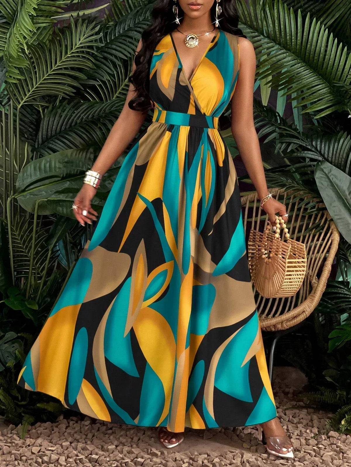 V-Neck Sleeveless Abstract Print Maxi Dress 3