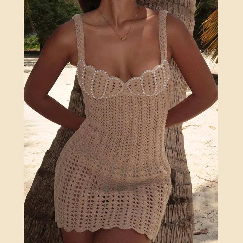 Crochet Sweetheart Scalloped Neck Spaghetti Strap Bodycon Mini Dress - View 7