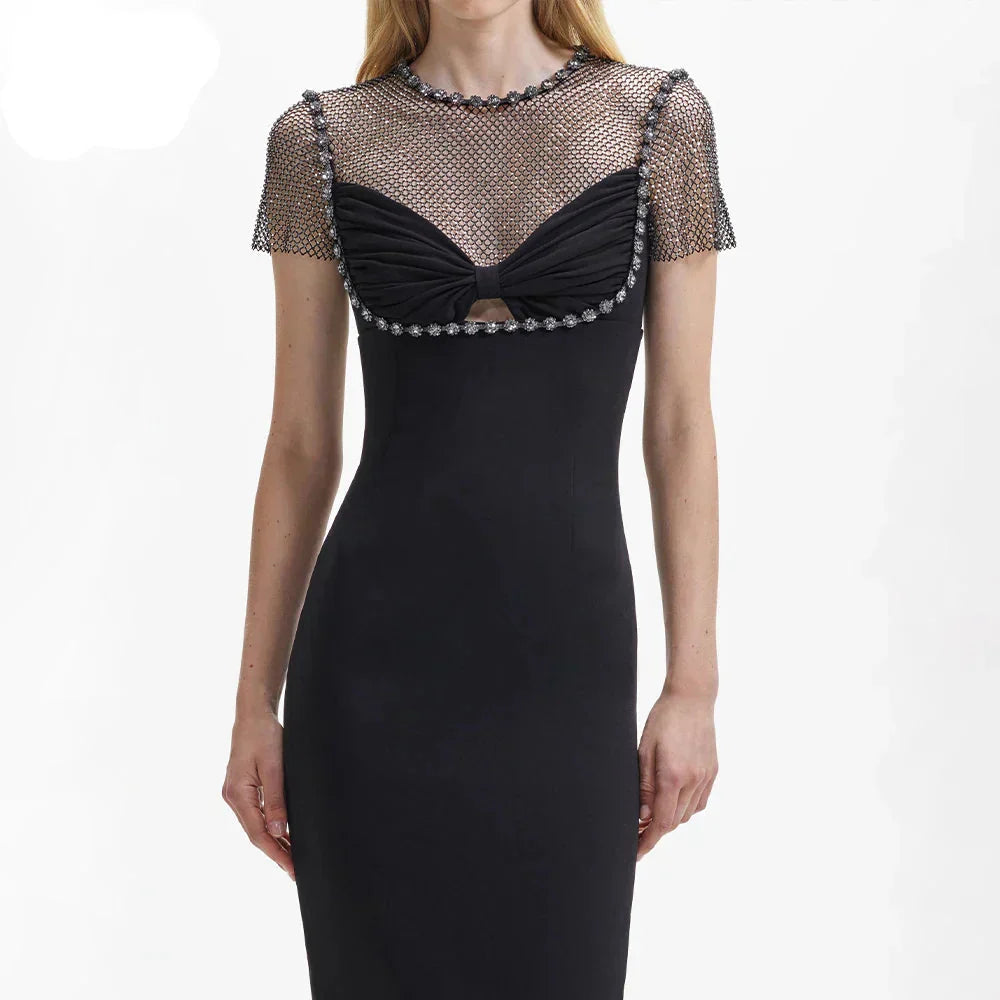 Rhinestone Mesh Crew Neck Short Sleeve Cut Out Bodycon Midi Dress