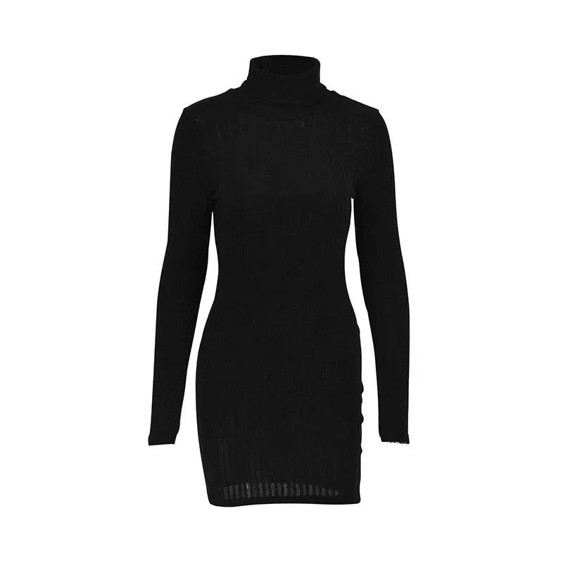Ribbed Knit Turtleneck Long Sleeve Ruched Bodycon Mini Dress