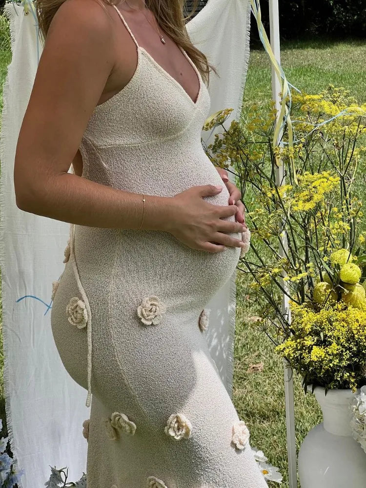 Knit V-Neck Spaghetti Strap Floral Applique Mermaid Maxi Dress