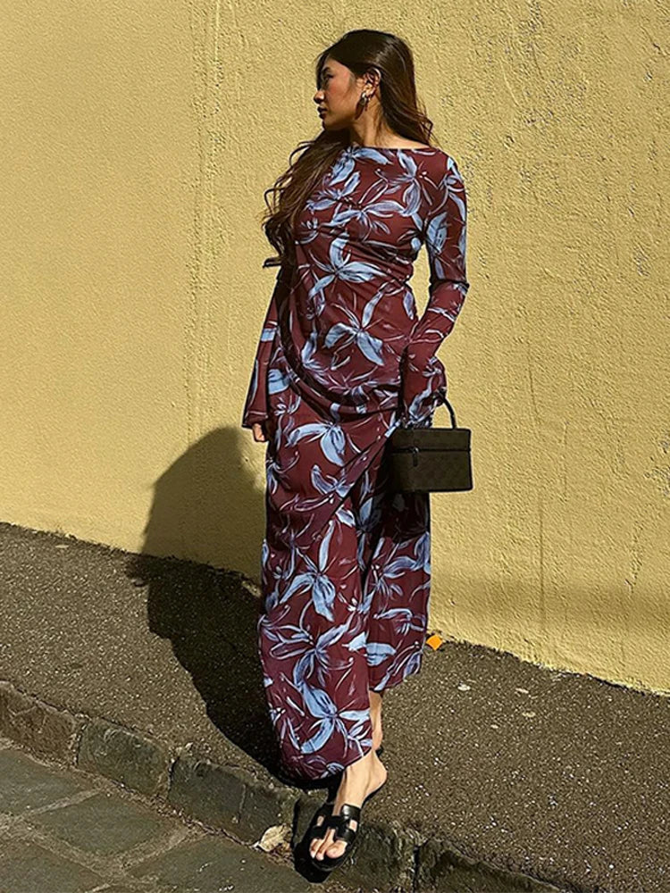 Retro Printed O neck Holiday Dress Women Elegant Full Sleeve Waist cinching Long Dresses Female 2025 Summer Chic Street Vestidos