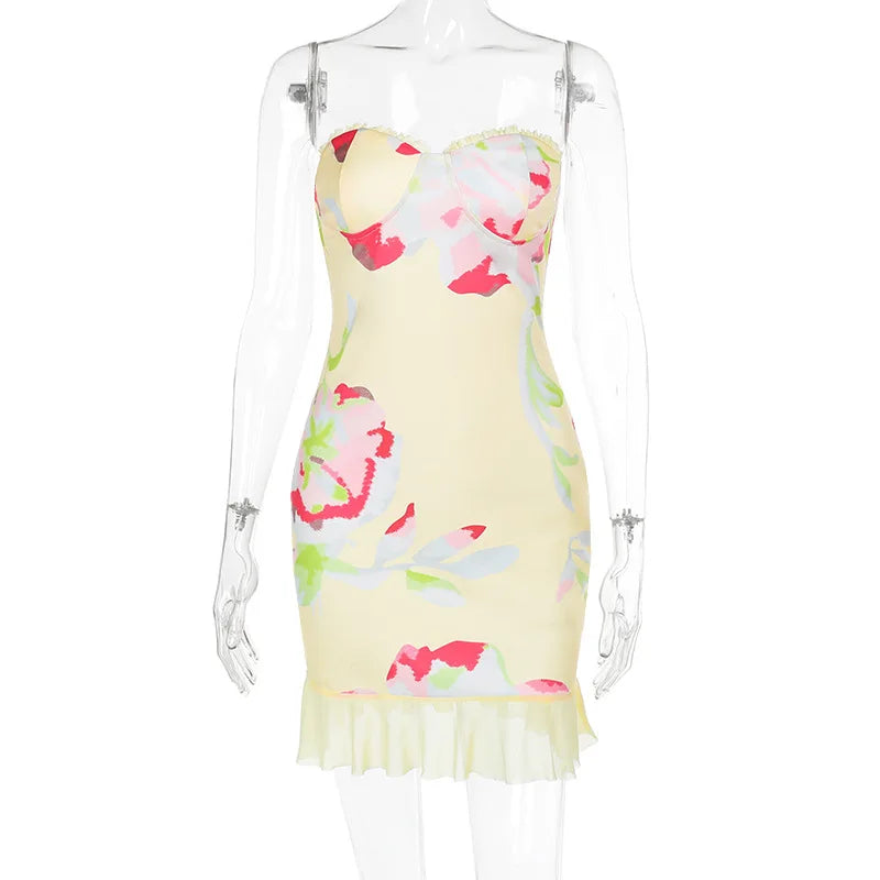Floral Print Strapless Sweetheart Bustier Lettuce Hem Bodycon Mini Dress