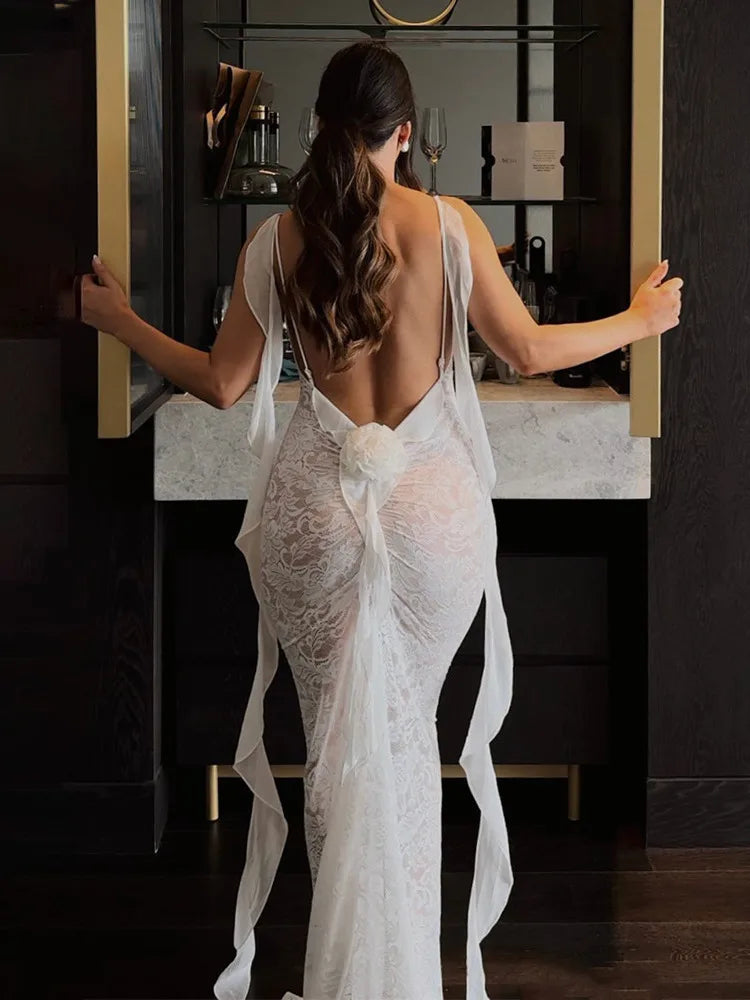 Floral Lace Backless Open Back Rosette Draped Train Maxi Gown