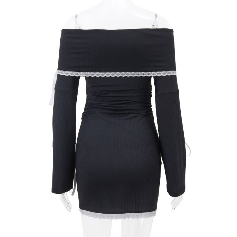 Ribbed Knit Off Shoulder Bell Sleeve Bow Lace Trim Bodycon Mini Dress 11