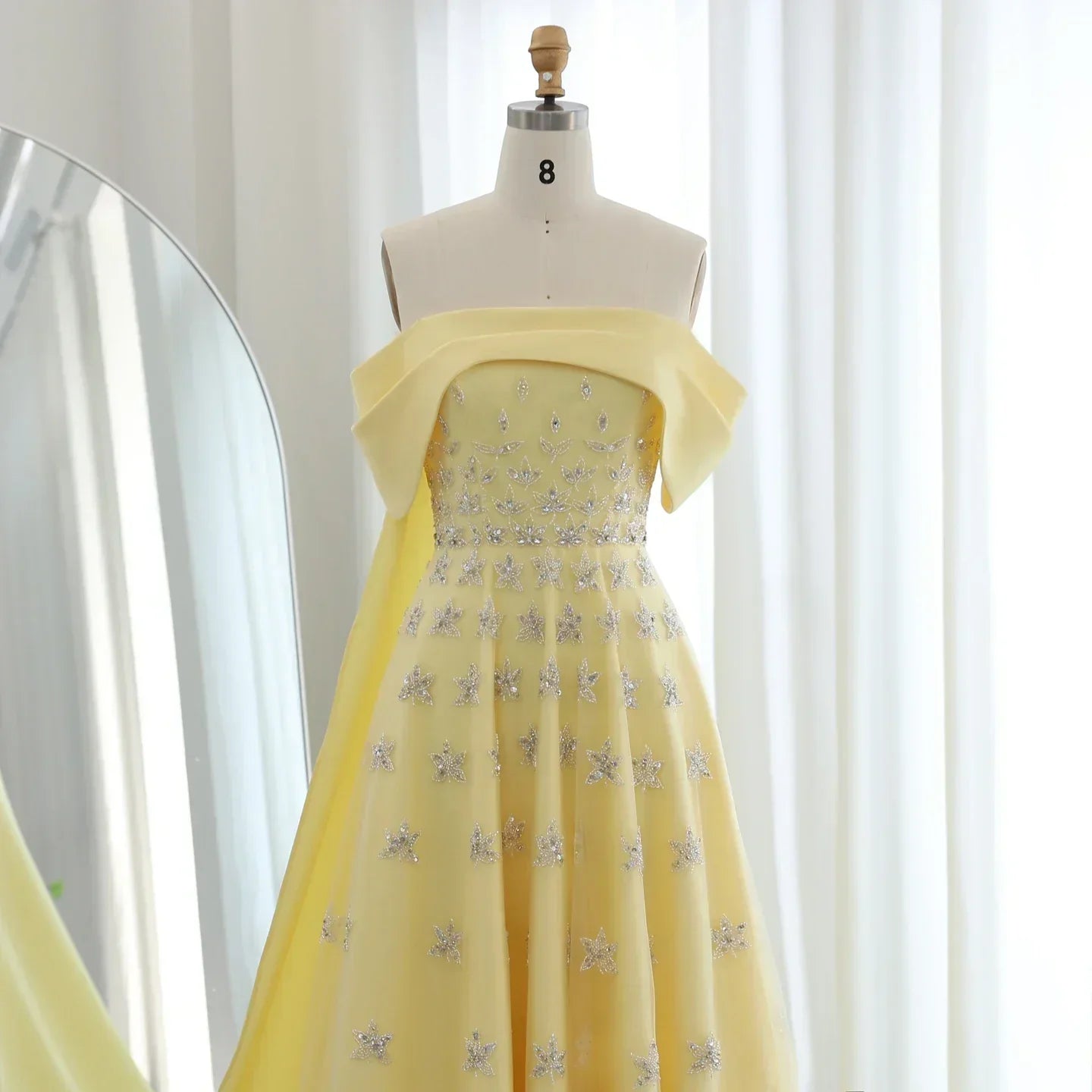 Off Shoulder Rhinestone Floral Beaded Tulle Cape Train A-Line Maxi Gown