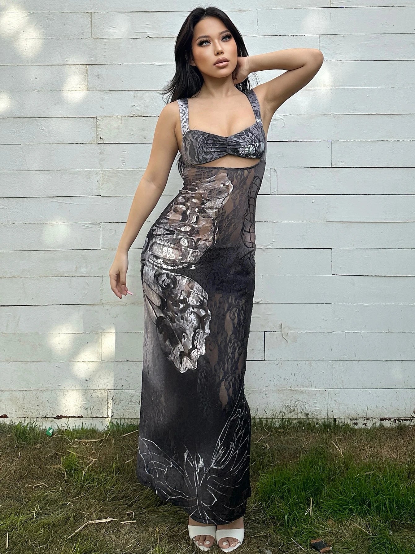 Lace Cut Out Bandage Maxi Floral Dress - View 3