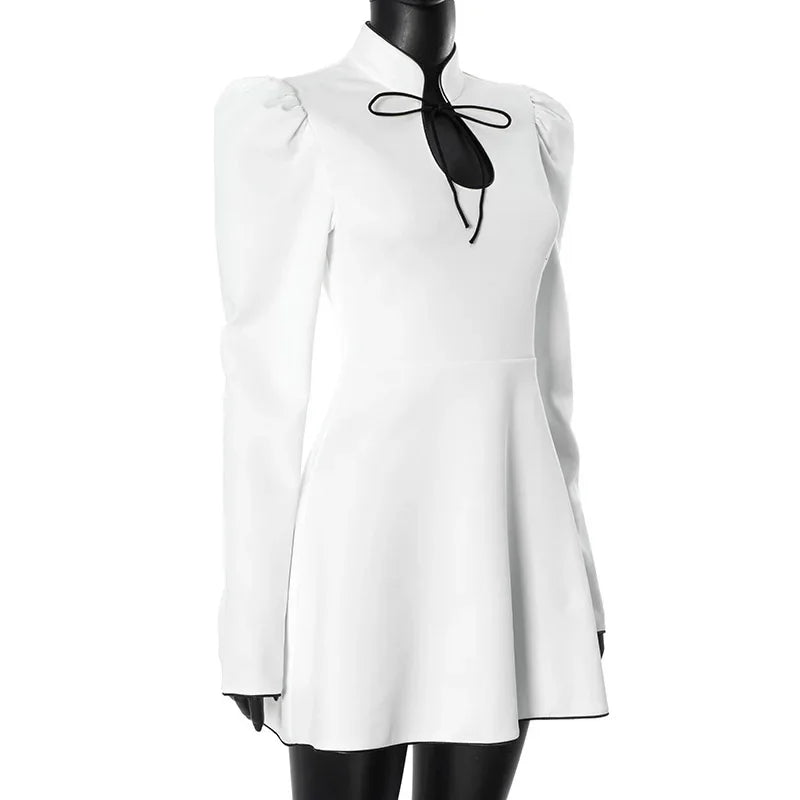 Stand Collar Keyhole Cut Out Puff Sleeve A-Line Mini Dress