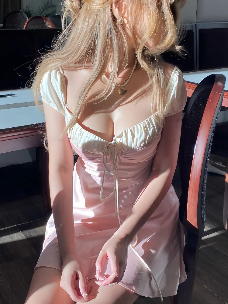 Satin French Bubble Tank Short Dress Women Lacing Retro Sexy Sweet Strap Slim A Line Mini Dress Summer Clothes For Female