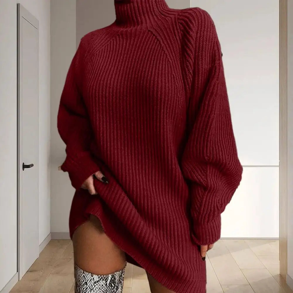 Turtleneck Long Sleeve Ribbed Sweater Dress