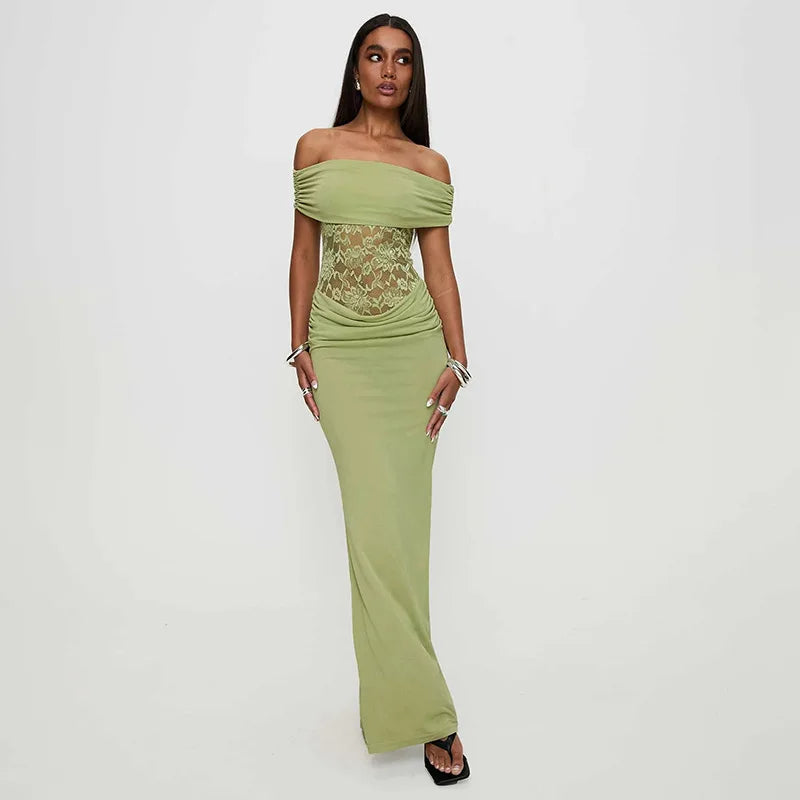 Off - shoulder Strapless Green Lace Sheer Long Dress