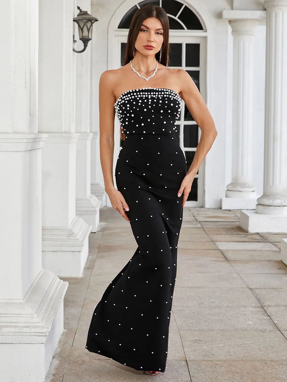 Pearl Embellished Strapless Tube Bodice Bodycon Maxi Gown