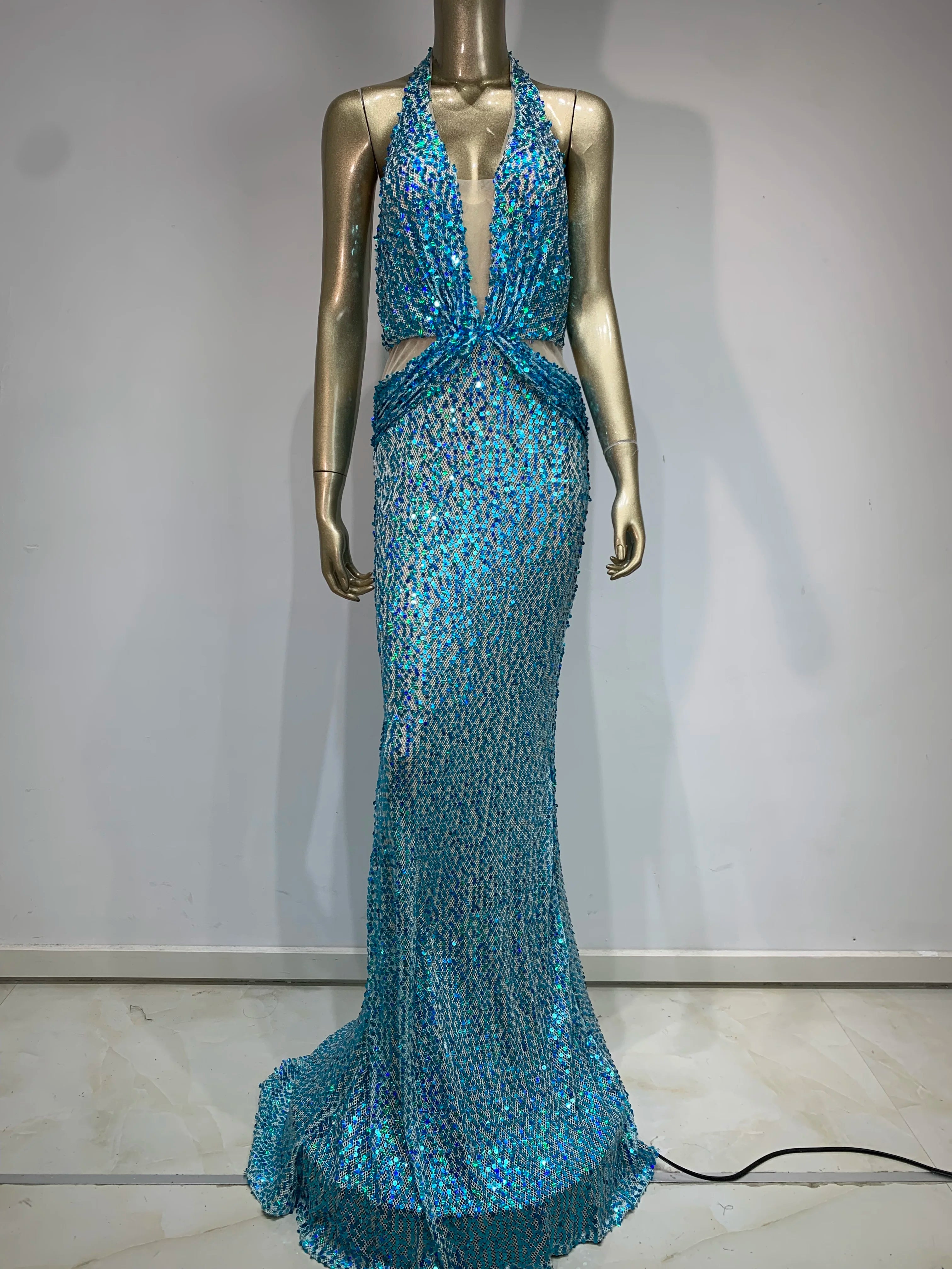 Sequin Halter Neck Deep V-Neck Cut Out Sheer Mermaid Gown