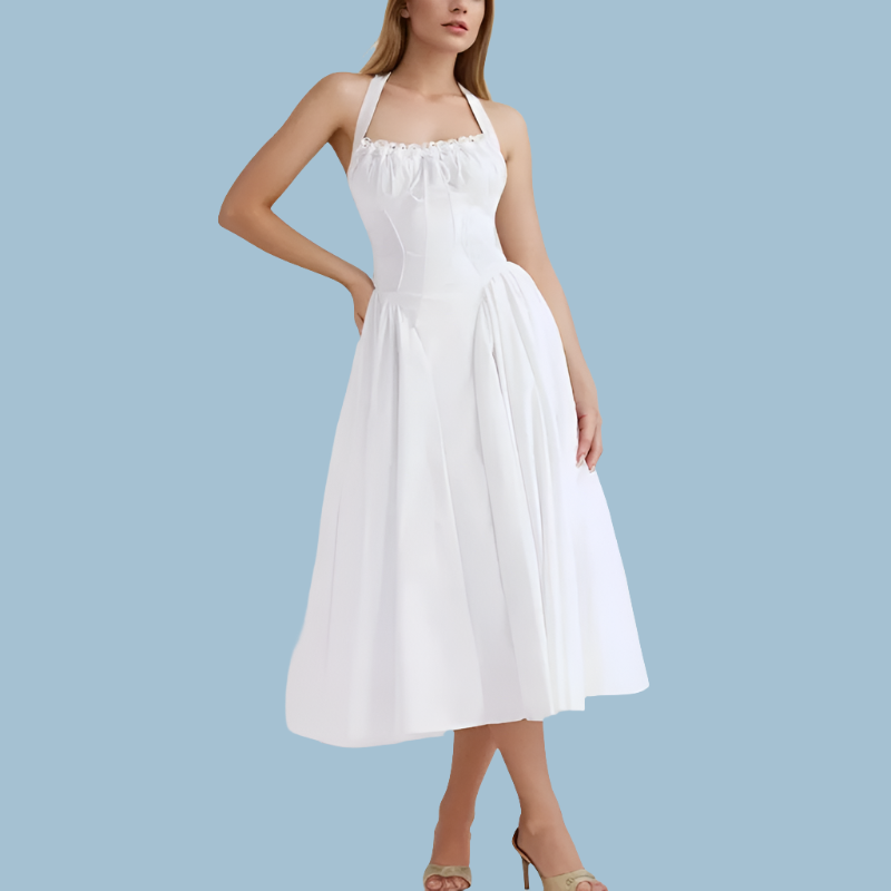 Halter Neck Corset Fit and Flare A-Line Midi Dress