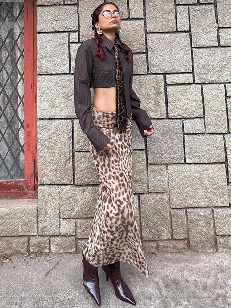Leopard Print Maxi Skirt Women's Summer Slim Fashion Patchwork High Waist Streetwear Party Maxi Dress Chic Maxi Skirt