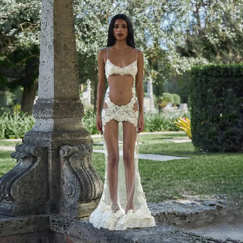 MARLIS LACE MESH DRESS White long