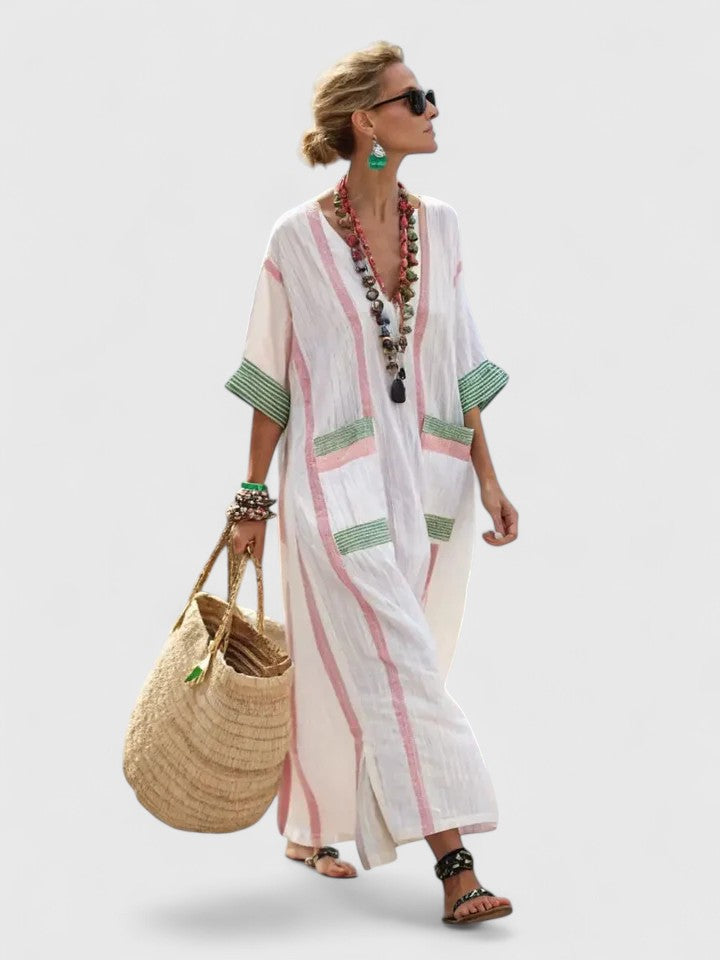 V-Neck Striped Kaftan Maxi Beach Cover Up