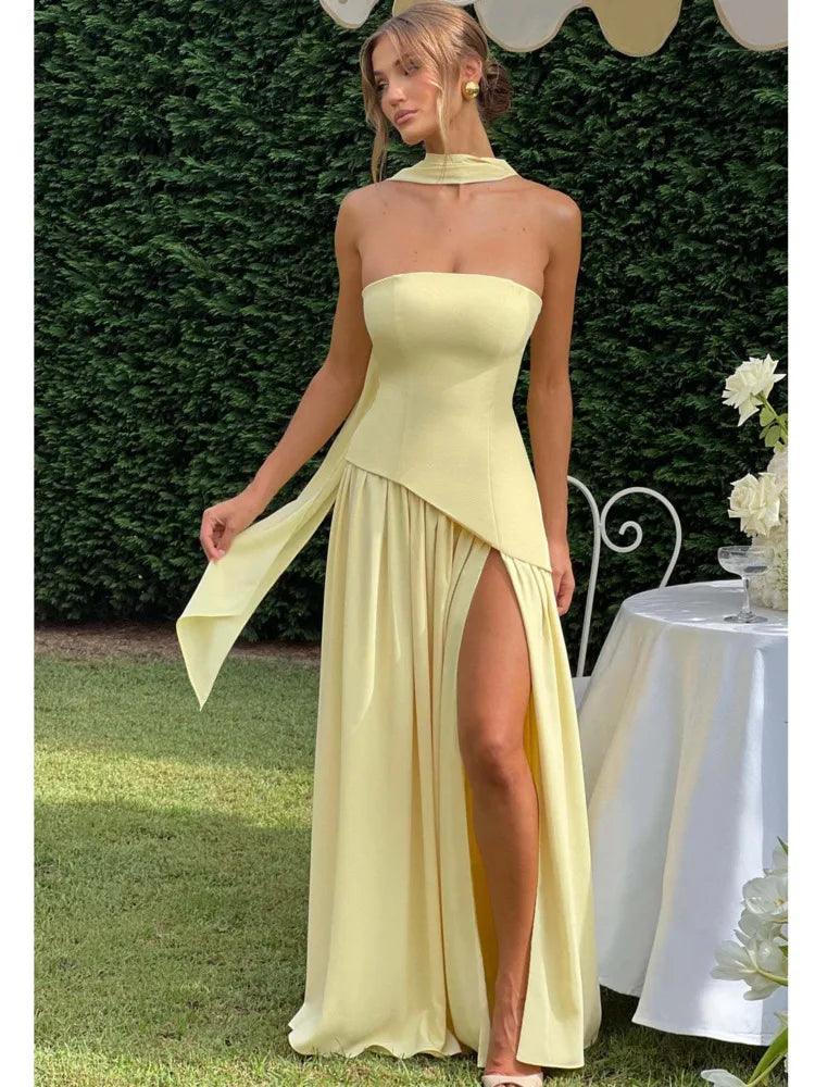 Strapless Scarf Neck High Split Satin Maxi Dress