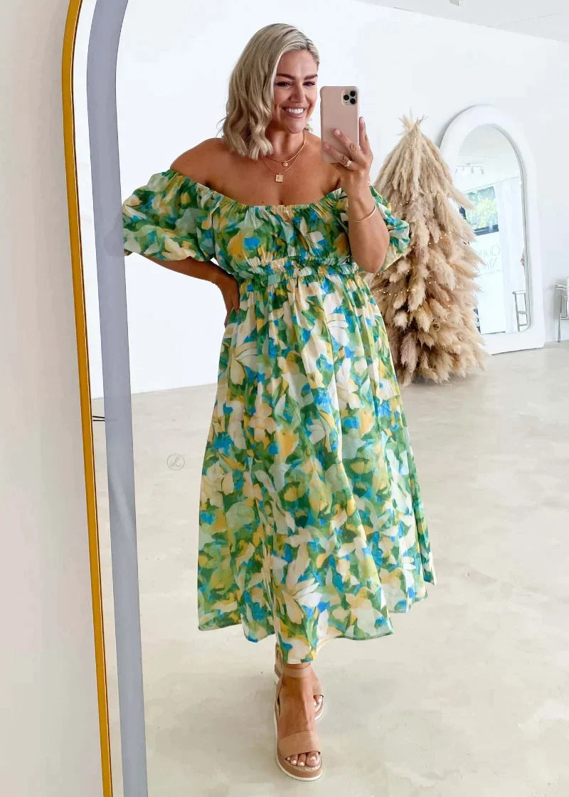 Off Shoulder Puff Sleeve Smocked Waist Pocket Maxi Summer Dress