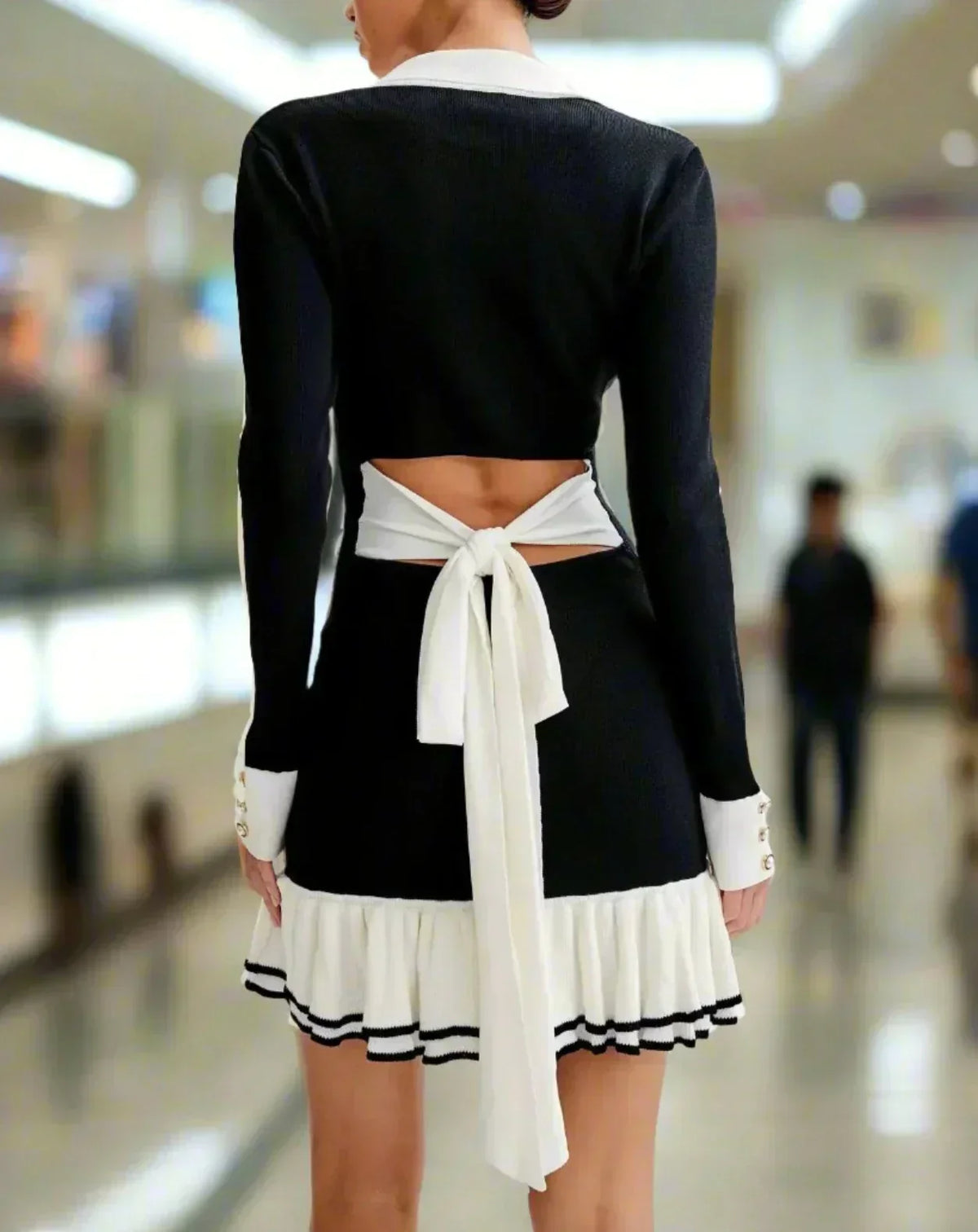 Contrast Collar Button Front Long Sleeve Ruffle Hem Knit Mini Dress 11